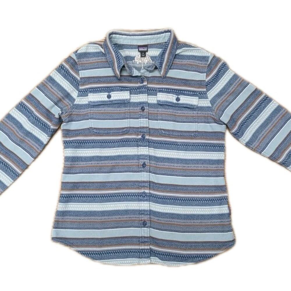 PATAGONIA Womens Fjord Flannel Shirt Blue Brown White Stripe Organic Cotton sz M
